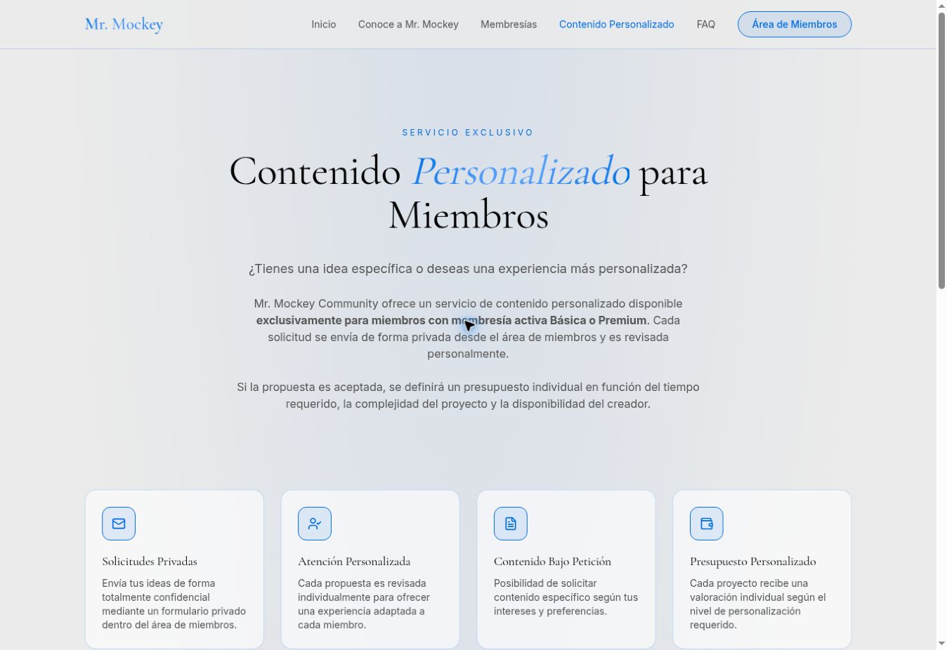 Página de contenido personalizado de Mr. Mockey Community con el servicio exclusivo para miembros.