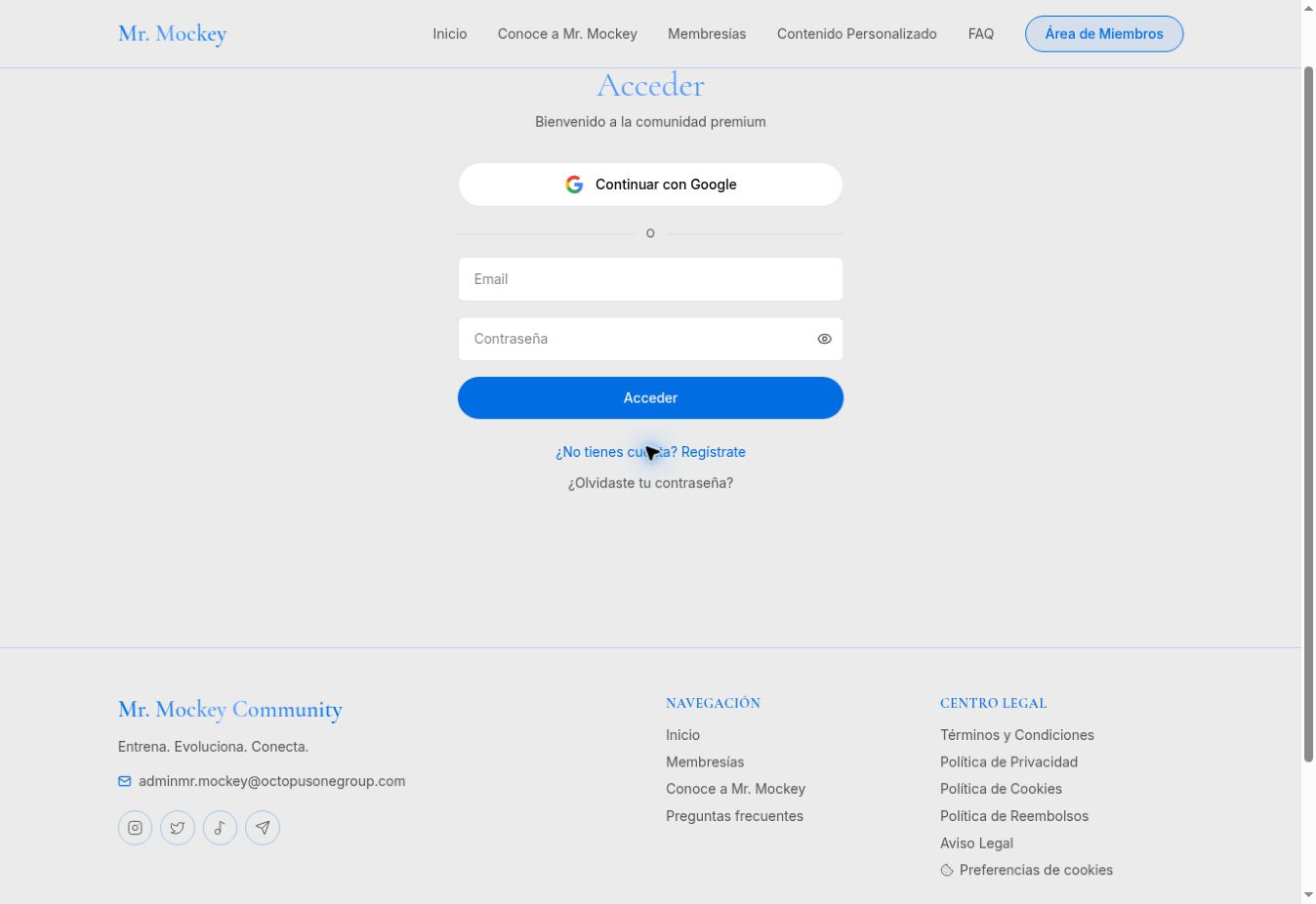 Pantalla de acceso y registro de Mr. Mockey Community con inicio de sesión por correo o Google.