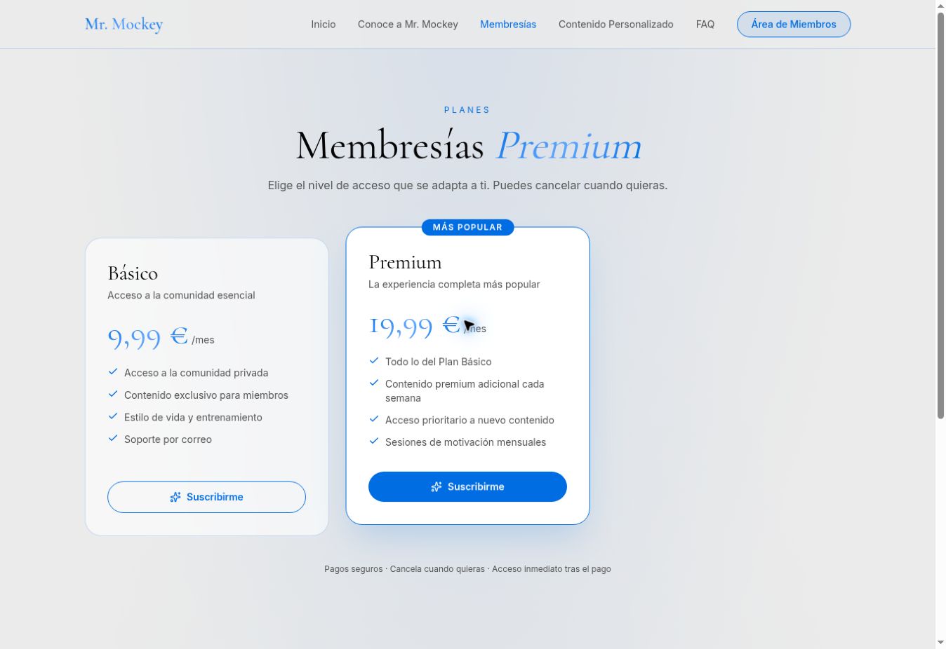 Página de membresías de Mr. Mockey Community con los planes Básico y Premium y sus prestaciones.